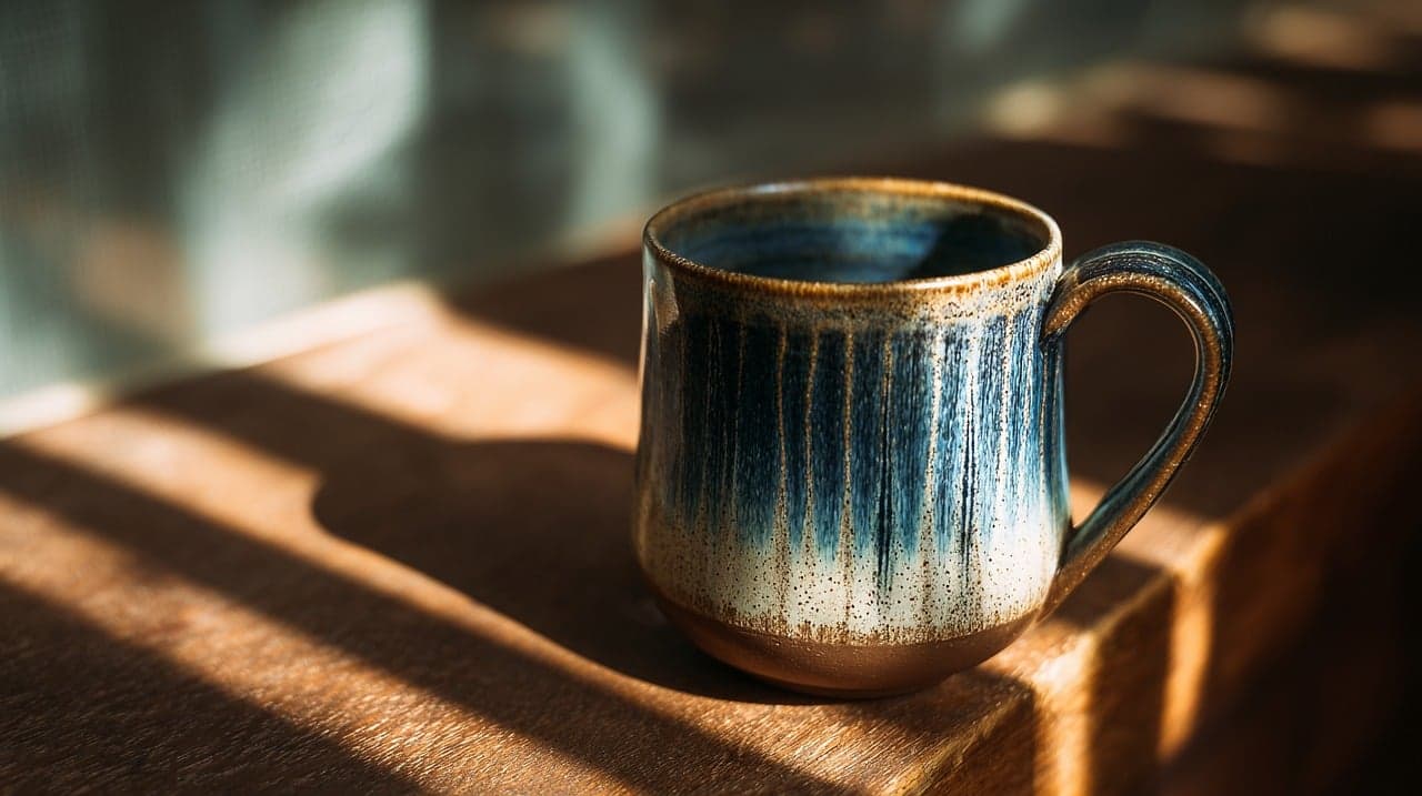 A hand-thrown mug in a running cobalt glaze, in afternoon sun